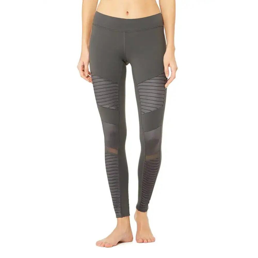 Alo Yoga Moto Leggings Women's Medium Anthracite/Anthracite Glossy Mesh Detail